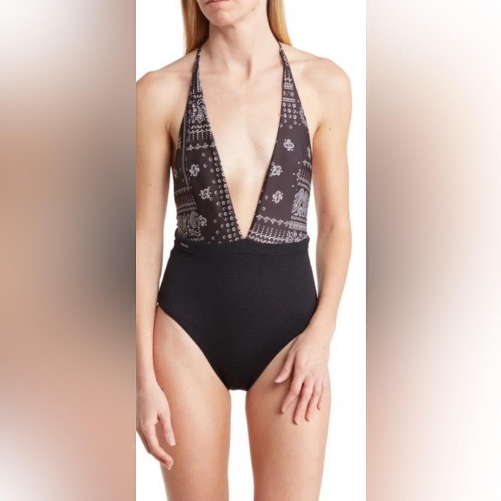 MAAJI Black Bandana Plunge Neck Reversible
One Piece Swimsuit Size Small New